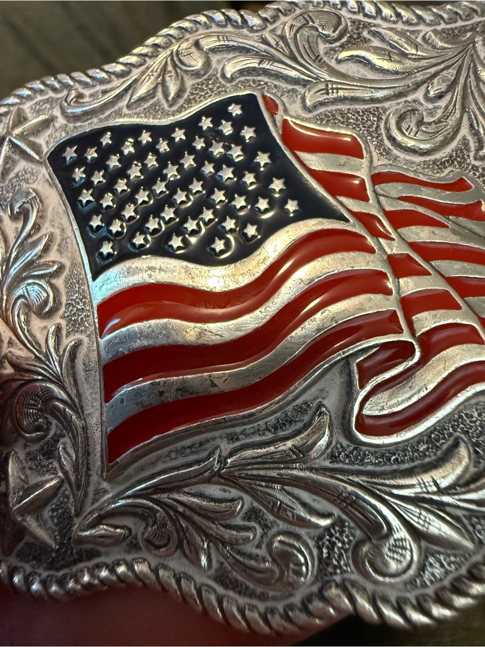 Justin Boots Brown Leather Belt with Silver American Flag Buckle - Picture 5 of 12